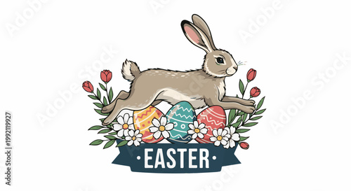 A rabbit leaps over decorated Easter eggs and floral arrangements
