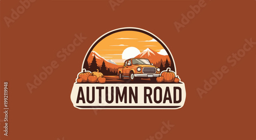 A pixelated, vintage-style illustration of an orange truck on a dirt road, surrounded by pumpkins under an autumn sunset sky