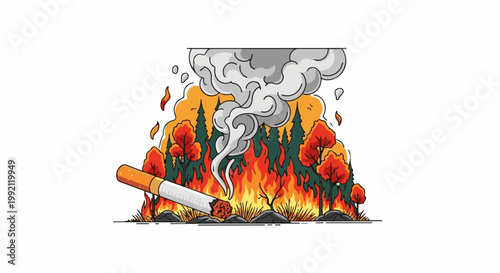 A smoldering cigarette ignites a forest fire with smoke billowing upwards