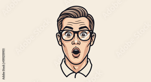 A pixelated, wide-eyed man with glasses and an open mouth, expressing surprise