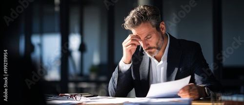 Stressed businessman reviewing documents in modern office with dim lighting