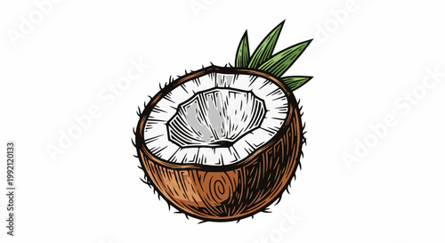 A realistic, hand-drawn illustration of a halved coconut with green leaves