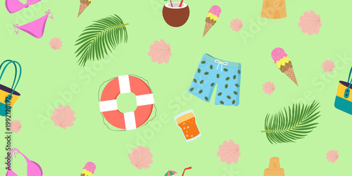 Seamless pattern with summer beach elements including surfboard, shorts, lifebuoy, coconut drink, seashells and palm leaves. Bright tropical background perfect for fabric, packaging, wallpaper