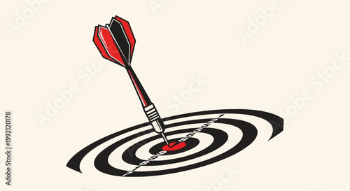A red and black dart pierces the bullseye of a circular target