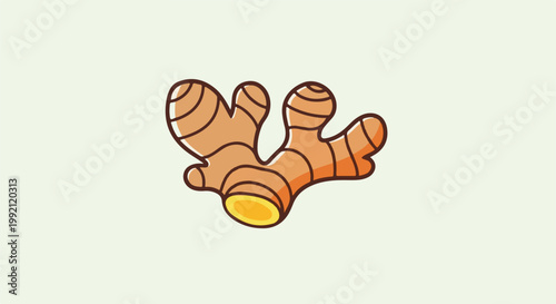 A stylized, cartoon-like ginger root with multiple lobes and a cut section revealing yellow