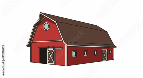 A red barn with a brown roof and sliding doors, featuring a round window