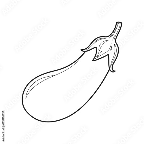Professional black and white outline vector illustration of a fresh whole eggplant with detailed stem and skin texture for culinary and food industry branding and healthy vegetable graphic design