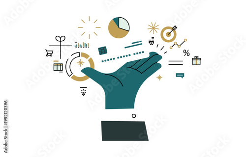 Hand holding credit card with financial analysis and business icons pie chart business shopping transaction commerce purchase illustration analysis strategy investment financial management
