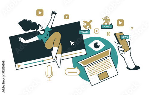 Woman falling into screen with play button icons eye mobile phone illustration social media internet illustration watching streaming entertainment communication technology movement