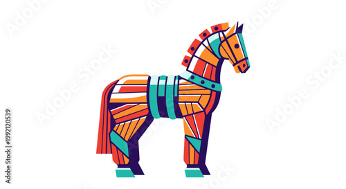 Trojan Horse Vector Illustration, Stylized Wooden Equine Figure for Historical Mythology and Ancient Greek War Concepts, Flat Graphic Design Element