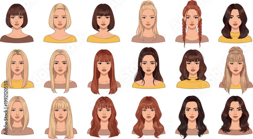 Collection of female portraits with various hairstyles vector illustrations modern women faces beauty fashion character set