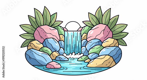 A stylized cascade tumbles over colorful rocks, flanked by lush foliage, into a tranquil pool
