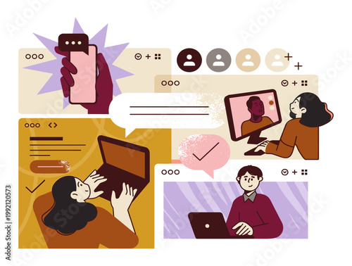 Diverse people interacting online via laptops computers mobile phones with social media icons communication technology connection internet computer interaction discussion collaboration