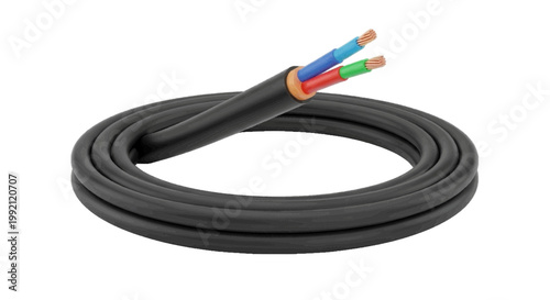 Vector illustration of coiled black electrical cable with three colored wires on a transparent background
