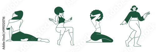 Four stylish women in silhouette dancing in various poses with silhouettes movement illustration creative contemporary performance artistic background collection expression lifestyle