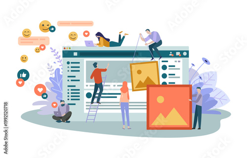 Team collaborating on social media platform interface with images and emojis collaboration platform interface application creation communication technology internet illustration experience