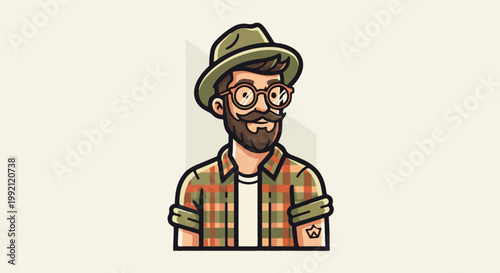 A stylized character with a beard, mustache, hat, glasses, and plaid shirt