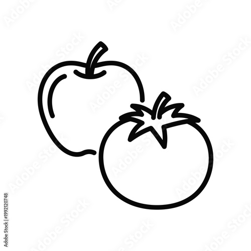 Simple black outline icon of fresh tomato and apple representing healthy fruits and vegetables for nutrition and diet applications