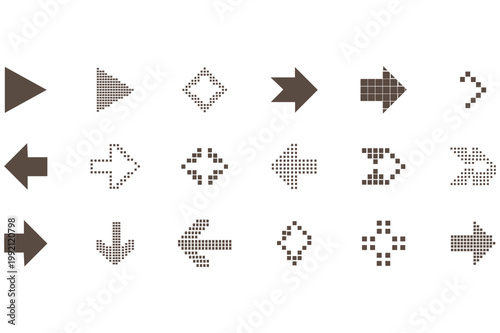 Collection of abstract geometric arrow icons in shades of brown