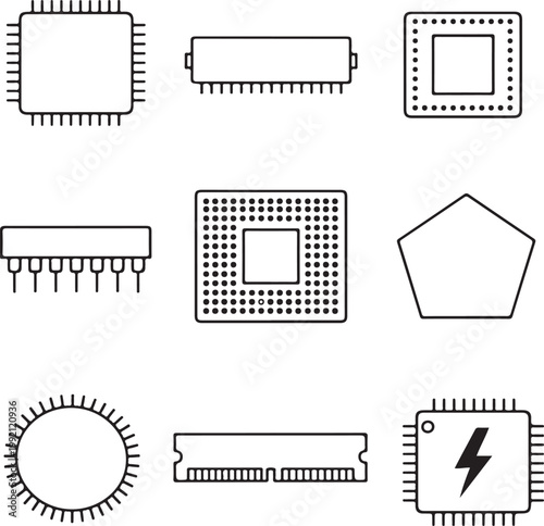 Microchip Icons Set with Various Electronic Components white background