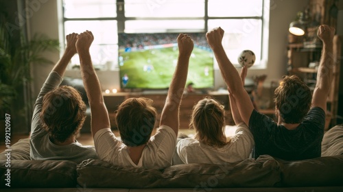 Friends cheering while watching a soccer match on TV in cozy living room