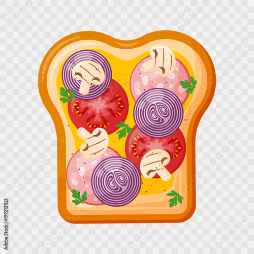 Tasty sandwich with salami, mushrooms, onion, tomatoes isolated on transparent background. Sandwich icon.Breakfast or lunch design element.Decoration for cooking matherials, games, posters, web.Vector