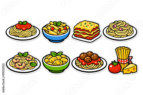Colorful cartoon pasta dishes: spaghetti, lasagna, penne, fusilli, and more.