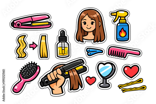 Cartoon hair styling tools and accessories with female character.