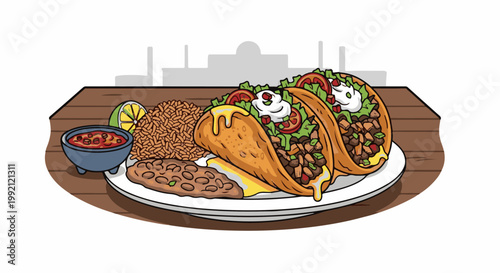 A platter of delicious tacos with rice, beans, chili, and a lime wedge