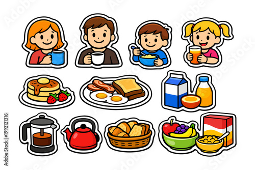 Cartoon family breakfast scene with food and drinks.