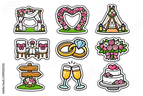 Colorful wedding elements: floral decor, rings, and celebration icons.