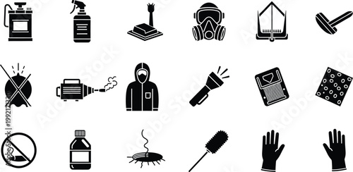 Collection of pest control service icons featuring exterminator tools, chemicals, and safety equipment