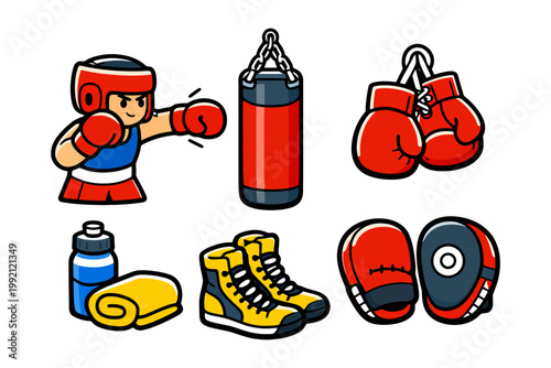 Cartoon boxing gear and athlete training with punching bag.