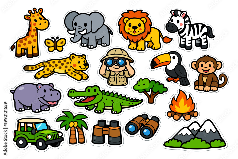 Fototapeta premium Colorful safari animal stickers with explorer and nature elements for kids.