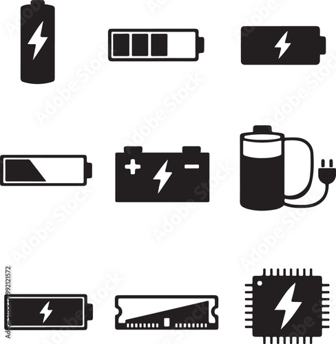 Battery Icons with Lightning Bolt Symbols on White Background