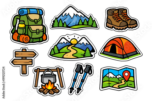 Colorful outdoor adventure icons featuring camping essentials and scenic landscapes.
