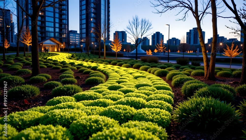 Fototapeta premium The image depicts a well maintained urban park during evening or dusk, with a winding pathway cutting through lush, rounded green shrubs