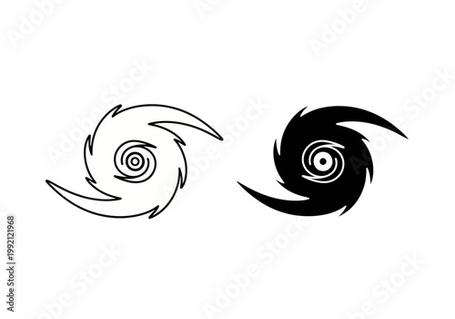 Vector illustration of two swirling tornado icons in black and white for design and decoration purposes