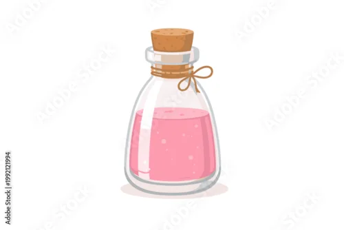 Obraz Simple flat vector illustration of a glass bottle with a cork stopper and twine bow, filled with a pink liquid, cosmetic lotion, or magic potion, isolated on white for beauty and wellness.