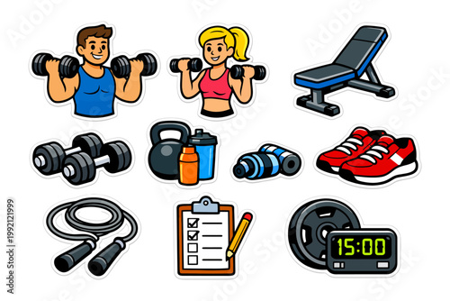 Cartoon fitness set with caucasian couple exercising dumbbells and gym equipment.