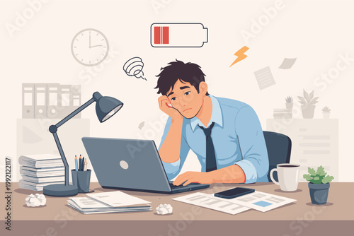 Professional Burnout Concept: Tired Overworked Businessman with Low Energy Battery Icon Working on Laptop at Messy Desk, Overwhelmed Employee Suffering from Stress, Fatigue, and Mental Exhaustion.