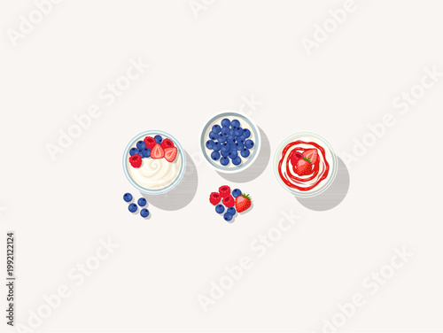 Vector collection of various fruit yogurt bowls with blueberries strawberries and jam swirl