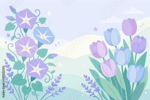 Spring morning glory and tulip flowers vector poster illustration with lavender mint soft blue colors. Beautiful floral garden landscape background with pastel blossoms, green leaves and sky.