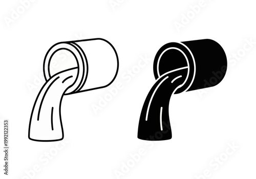Black and white illustration of two pouring barrels with liquids