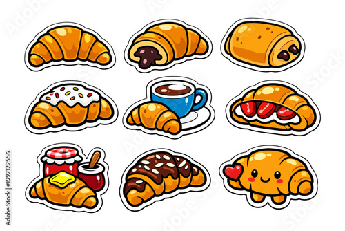 Assorted cartoon croissants and pastries with coffee and jam.