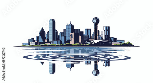 A stylized city skyline with tall buildings reflected in rippling water