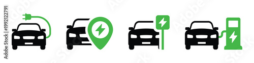 EV charging icon set. Electric car charge symbol, eco friendly alternative fuel, charging station location sign. Transparent PNG and vector