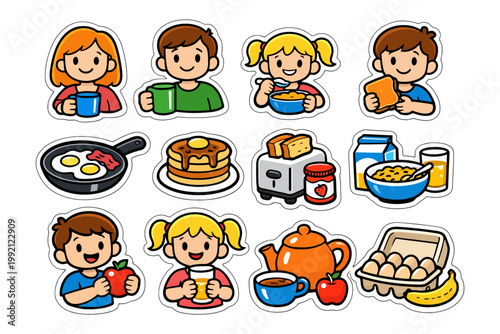 Cartoon children enjoying breakfast with eggs, pancakes, cereal, toast, and drinks.