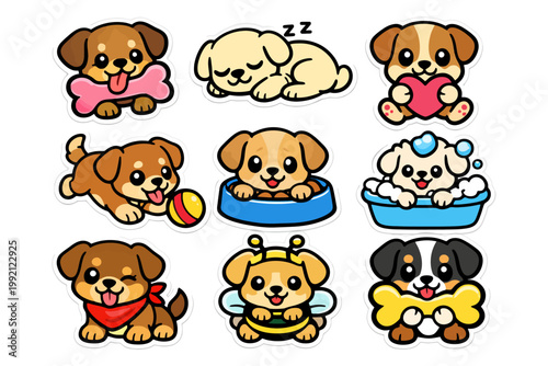 Cute cartoon puppies in various playful poses and outfits.