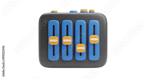 Vector illustration of 3d illustration of a portable audio mixing console with four sliders on a transparent background